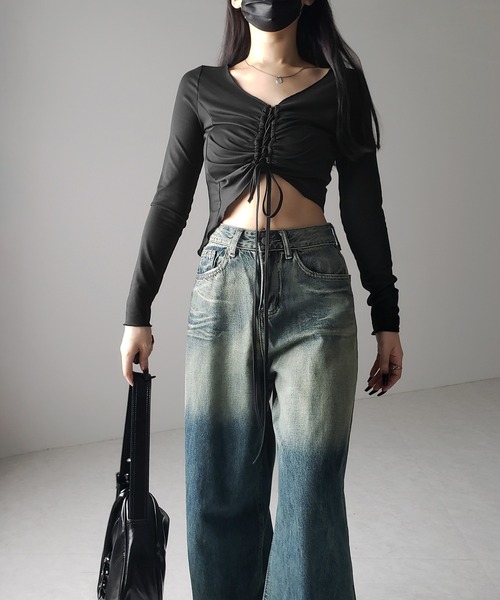 me+em select(ミームセレクト)の「【 2color 】レースアップショートスリムカットソートップス / lace up short slim cut and sew tops(Tシャツ/カットソー・レディース・ブラック/チャコール・FREE)」の20枚目の写真