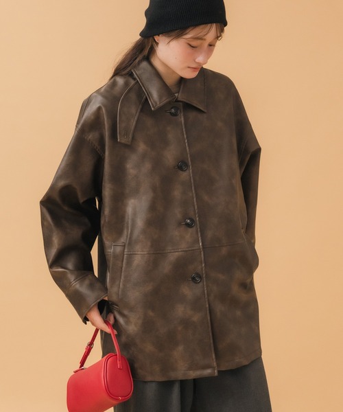 HEILIS(ヘイリス)の「《hideka original》3WAYヴィンテージライクフェイクレザージャケット / ブラック ブラウン ビンテージ カバーオール ライダースジャケット エコレザー ファー ボア スタンドカラー ステンカラー ユニセックス オーバーサイズ オーバーコート アウター ミドル丈 無地 秋服 冬服 アウター ブルゾン(ライダースジャケット・レディース・ブラウン/ブラック・FREE)」の17枚目の写真