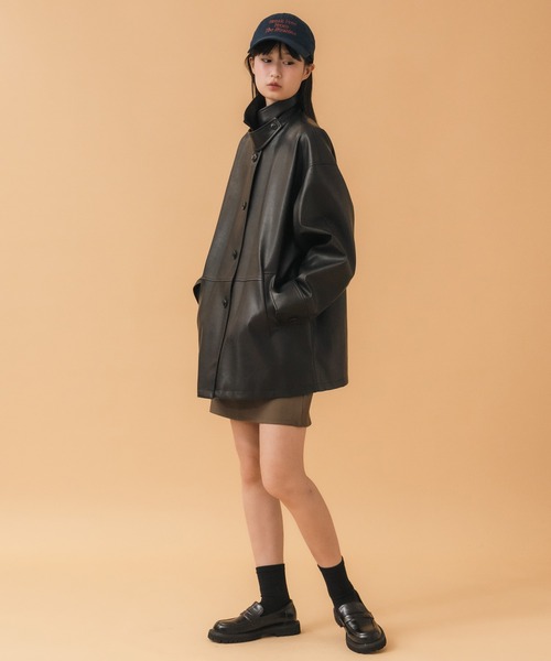 HEILIS(ヘイリス)の「《hideka original》3WAYヴィンテージライクフェイクレザージャケット / ブラック ブラウン ビンテージ カバーオール ライダースジャケット エコレザー ファー ボア スタンドカラー ステンカラー ユニセックス オーバーサイズ オーバーコート アウター ミドル丈 無地 秋服 冬服 アウター ブルゾン(ライダースジャケット・レディース・ブラウン/ブラック・FREE)」の12枚目の写真