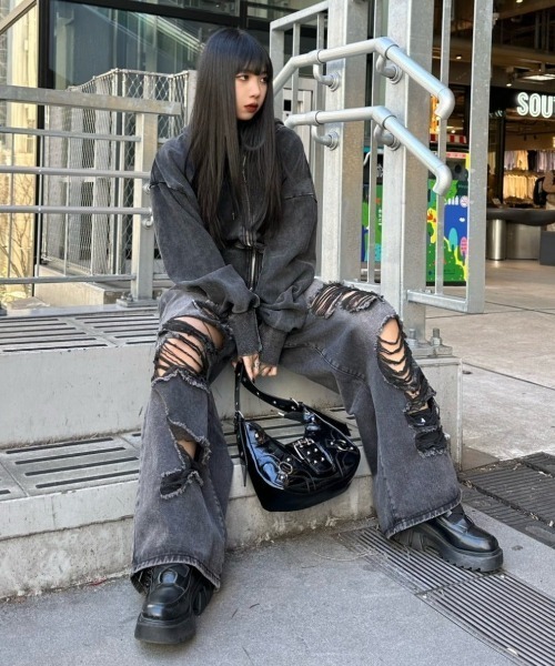ストリートダメージ加工クラッシュデニムGパンワイドパンツ ワイドパンツ デニム ダメージ加工 クラッシュ 男女兼用ジーンズ