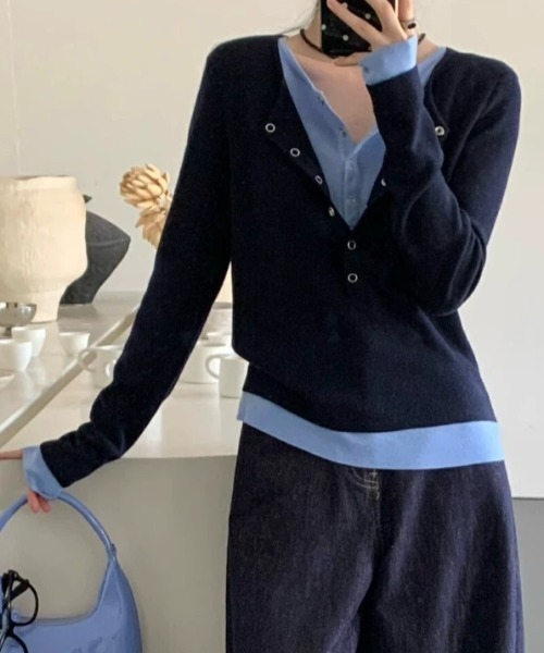 LOULOU select（ルルセレクト）の「ヘンリーネック重ね着風ニットプル