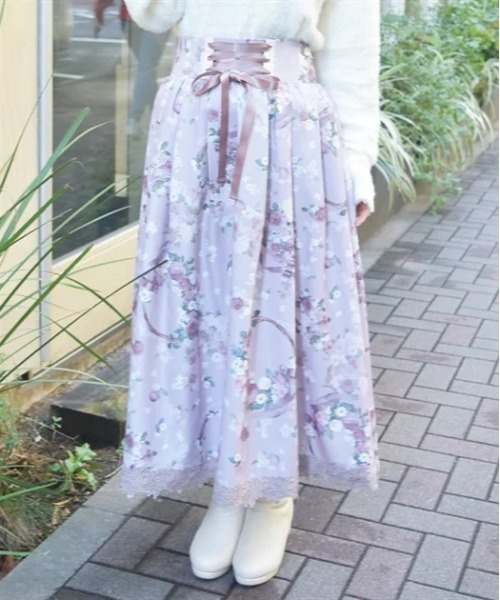 axes femme（アクシーズファム）の「ローズリース柄スカート（スカート・レディース・ブルー/ピンク/グレイッシュベージュ・FREE）」の3枚目の写真
