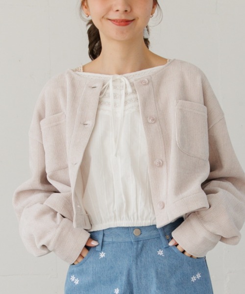 flower（フラワー）の「グリッターコーデュロイジャケット（ノーカラージャケット・レディース・アイボリー/グレー・FREE）」の2枚目の写真