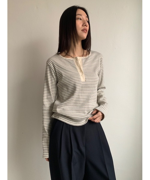 オールド　CELINE ヘンリーネック　カットソー　ボーダー　刺繍　Lサイズ オールド CELINE ヘンリーネック カットソー ボーダー 刺繍 Lサイズ