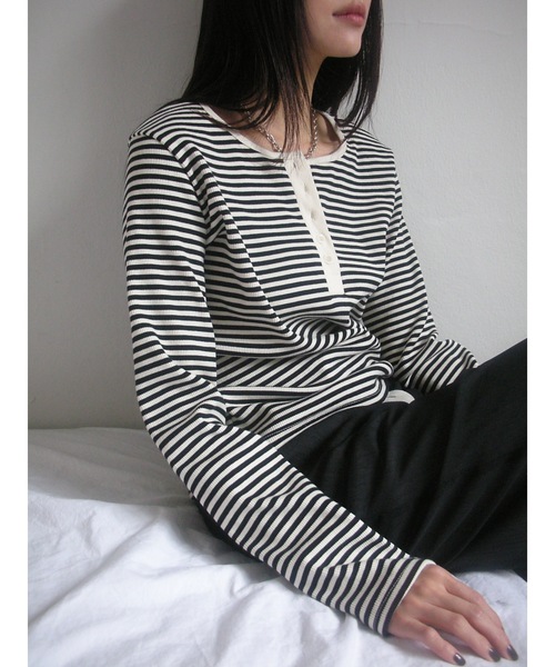 Didot.showroom（ディドット ショールーム）の「ヘンリーネックボーダーロンTEE（Tシャツ/カットソー・レディース・グレー/ブルー/ブラック/レッド・FREE）」の11枚目の写真