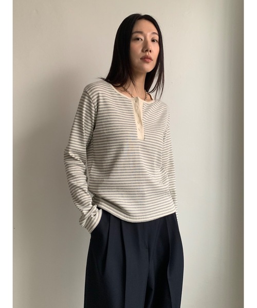 ラスト1点【MACHATT】ボーダーロンT グレー ヘンリーネックボーダー