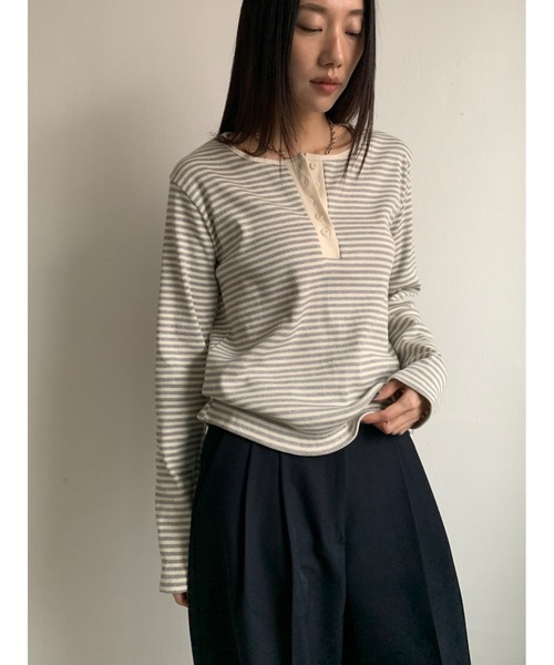 Didot.showroom（ディドット ショールーム）の「ヘンリーネックボーダーロンTEE（Tシャツ/カットソー・レディース・グレー/ブルー/ブラック/レッド・FREE）」の15枚目の写真