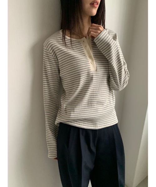 Didot.showroom（ディドット ショールーム）の「ヘンリーネックボーダーロンTEE（Tシャツ/カットソー・レディース・グレー/ブルー/ブラック/レッド・FREE）」の16枚目の写真