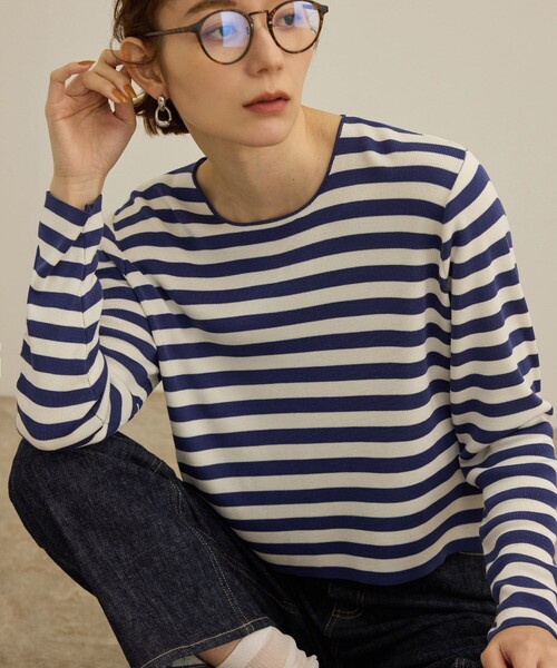 ROPE'(ロペ)の「【洗える】ウォッシャブルシルク 総針ボーダープルオーバー(Tシャツ/カットソー・レディース・ブラック系その他/ブルー系その他4・FREE)」の1枚目の写真