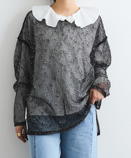 ENIM BY VICKY(エニムバイビッキー)の「カットメッシュニット≪手洗い可能≫(ニット/セーター・レディース・ブラック/オフホワイト・M)」の2枚目の写真
