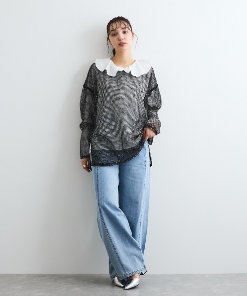 ENIM BY VICKY(エニムバイビッキー)の「カットメッシュニット≪手洗い可能≫(ニット/セーター・レディース・ブラック/オフホワイト・M)」の5枚目の写真