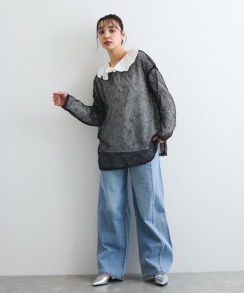 ENIM BY VICKY(エニムバイビッキー)の「カットメッシュニット≪手洗い可能≫(ニット/セーター・レディース・ブラック/オフホワイト・M)」の4枚目の写真