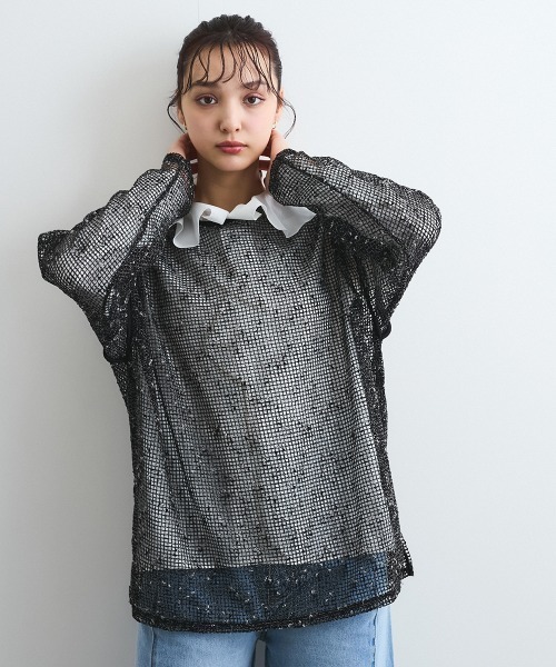 ENIM BY VICKY(エニムバイビッキー)の「カットメッシュニット≪手洗い可能≫(ニット/セーター・レディース・ブラック/オフホワイト・M)」の3枚目の写真
