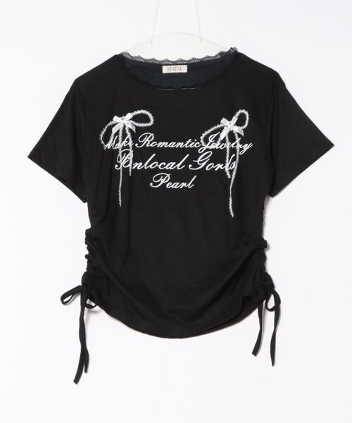 フリンジリボントップス　シェリミー セール】リボンプリントシャーリングトップス（Tシャツ