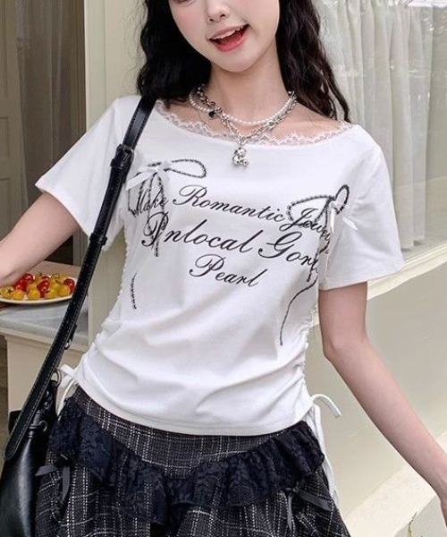 GEMEDA(ジェメダ)の「リボンプリントシャーリングトップス(Tシャツ/カットソー・レディース・ブラック/グレー/ホワイト・M)」の14枚目の写真