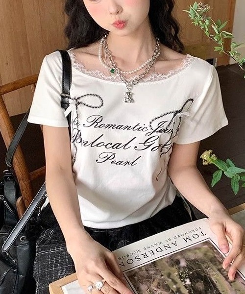 GEMEDA(ジェメダ)の「リボンプリントシャーリングトップス(Tシャツ/カットソー・レディース・ブラック/グレー/ホワイト・M)」の11枚目の写真
