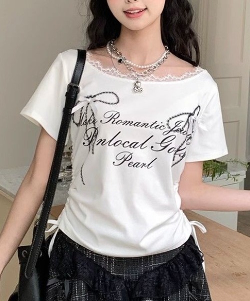 GEMEDA(ジェメダ)の「リボンプリントシャーリングトップス(Tシャツ/カットソー・レディース・ブラック/グレー/ホワイト・M)」の16枚目の写真