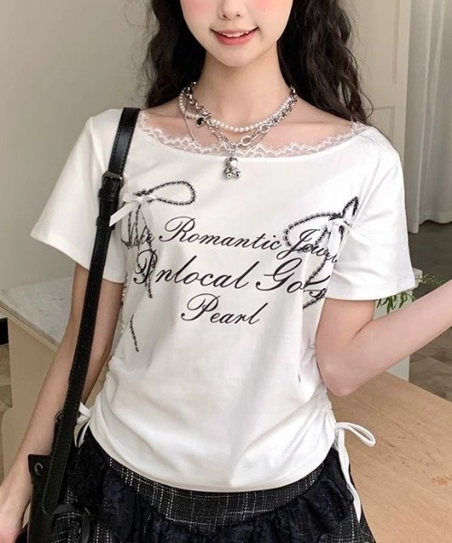 GEMEDA(ジェメダ)の「リボンプリントシャーリングトップス(Tシャツ/カットソー・レディース・ブラック/グレー/ホワイト・M)」の15枚目の写真