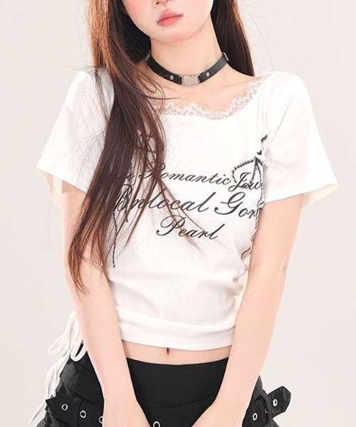 GEMEDA(ジェメダ)の「リボンプリントシャーリングトップス(Tシャツ/カットソー・レディース・ブラック/グレー/ホワイト・M)」の17枚目の写真