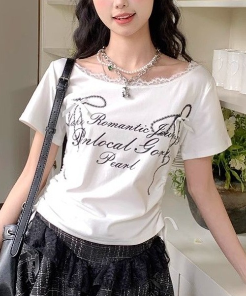 GEMEDA(ジェメダ)の「リボンプリントシャーリングトップス(Tシャツ/カットソー・レディース・ブラック/グレー/ホワイト・M)」の12枚目の写真