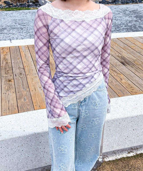 frunco(フランコ)の「チェックシアーアシンメトリートップス(Tシャツ/カットソー・レディース・ブルー/パープル・FREE)」の5枚目の写真