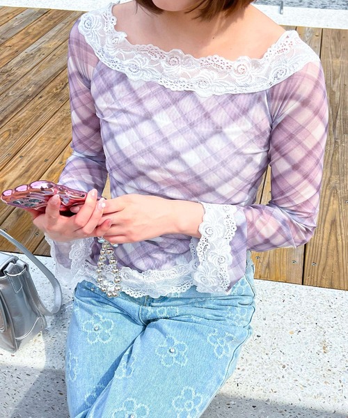 frunco(フランコ)の「チェックシアーアシンメトリートップス(Tシャツ/カットソー・レディース・ブルー/パープル・FREE)」の9枚目の写真