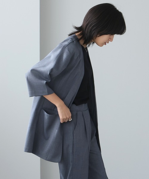 セール】【涼しげリネン風】ノーカラージャケット（ノーカラー