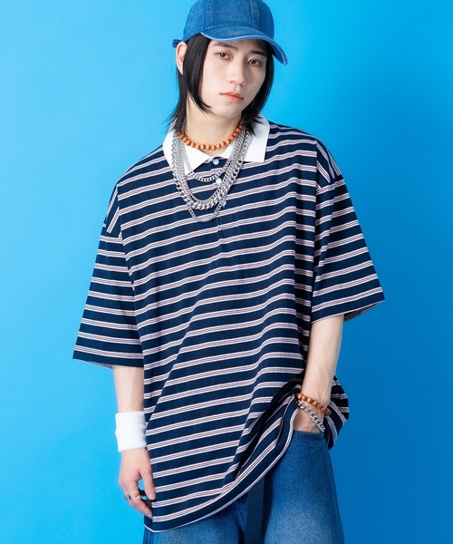 a.p.o.v.(エーピーオービー)の「a.p.o.v. マルチボーダーオーバーサイズラガーシャツ(ポロシャツ・メンズ・アイボリー/グレー/ネイビー・ONESIZE)」の2枚目の写真
