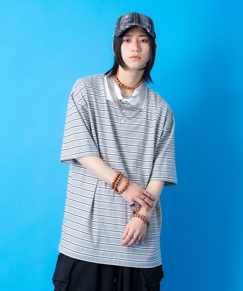 a.p.o.v.(エーピーオービー)の「a.p.o.v. マルチボーダーオーバーサイズラガーシャツ(ポロシャツ・メンズ・アイボリー/グレー/ネイビー・ONESIZE)」の8枚目の写真