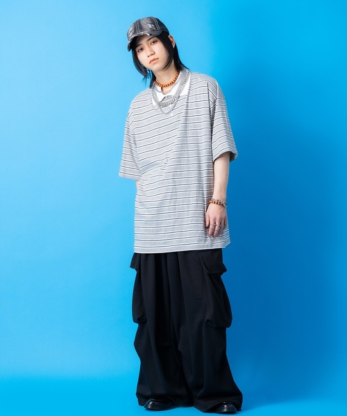 a.p.o.v.(エーピーオービー)の「a.p.o.v. マルチボーダーオーバーサイズラガーシャツ(ポロシャツ・メンズ・アイボリー/グレー/ネイビー・ONESIZE)」の9枚目の写真