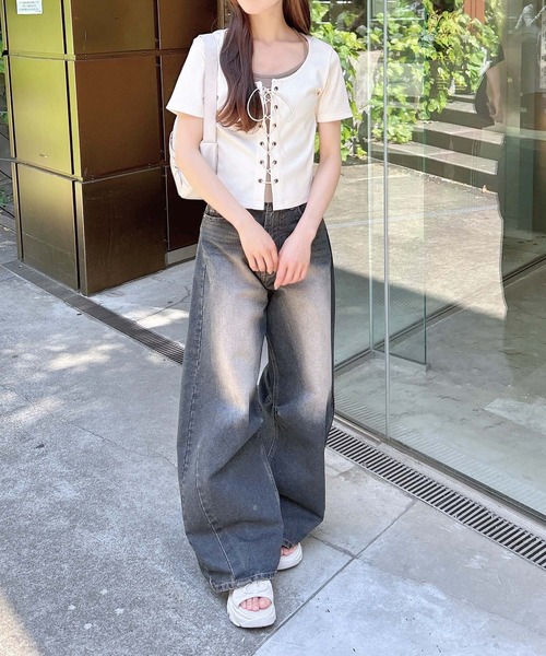 INGNI（イング）の「キャミレイヤード風リブレースアップトップス（Tシャツ/カットソー・レディース・アイボリー系4/ブラウン系3/ブラック×グレー/ブラック系その他/アイボリー系/ブラウン系4・M）」の20枚目の写真