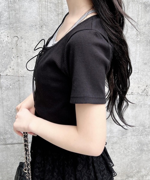 INGNI（イング）の「キャミレイヤード風リブレースアップトップス（Tシャツ/カットソー・レディース・アイボリー系4/ブラウン系3/ブラック×グレー/ブラック系その他/アイボリー系/ブラウン系4・M）」の8枚目の写真