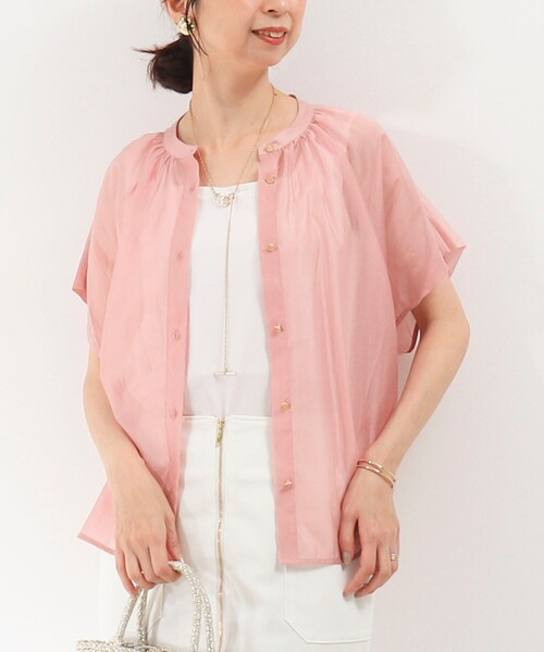 MICO COULIER（ミコクリエ）の「オーガンジースタンドカラーブラウス（シャツ/ブラウス・レディース・グレイッシュベージュ/ベビーピンク/ライトブルー/イエロー・38）」の6枚目の写真