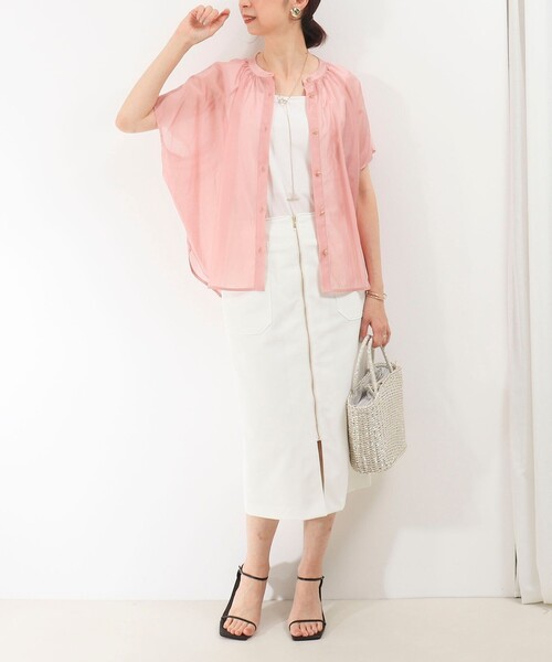 MICO COULIER（ミコクリエ）の「オーガンジースタンドカラーブラウス（シャツ/ブラウス・レディース・グレイッシュベージュ/ベビーピンク/ライトブルー/イエロー・38）」の7枚目の写真