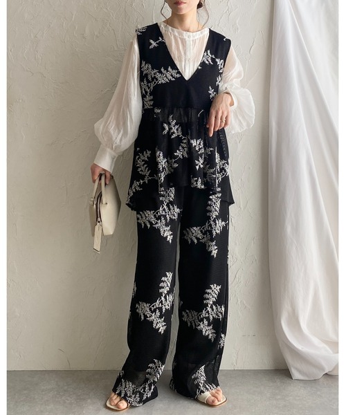 花柄ボタニカル刺繍メッシュシアーワイドパンツ（その他パンツ
