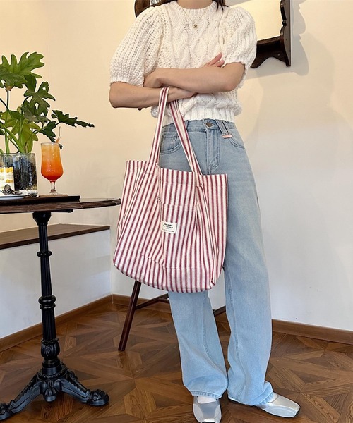 VIBGYOR(ヴィブジョー)の「Mignonjour/大容量ストライプトートバッグ M2736(トートバッグ・レディース・ブルー/レッド・FREE)」の2枚目の写真