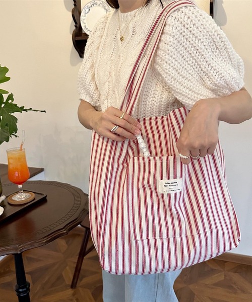 VIBGYOR(ヴィブジョー)の「Mignonjour/大容量ストライプトートバッグ M2736(トートバッグ・レディース・ブルー/レッド・FREE)」の7枚目の写真