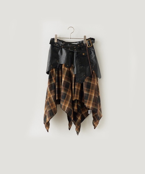 セール】Leather layered check skirt / レザーレイヤード