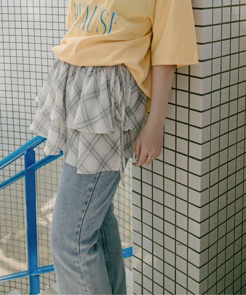 PILIT(ピリット)の「チェックフリルラップベルト(スカート・レディース・ピンク/アイボリー・MEDIUM)」の1枚目の写真