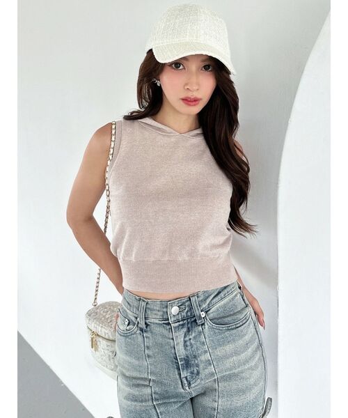 セール】フーディーノースリニットトップス【セットアップ着用可能