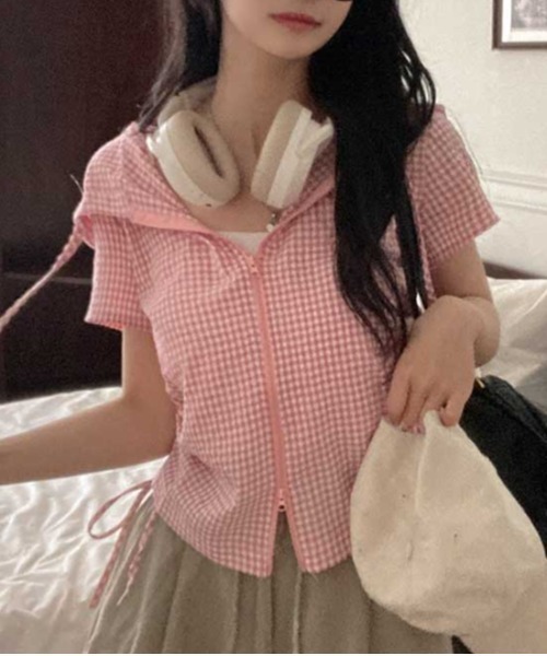 Vipoa(ヴィポア)の「drawstring food check shirt(シャツ/ブラウス・レディース・ピンク/グレー・FREE)」の2枚目の写真