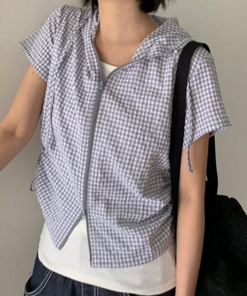 Vipoa(ヴィポア)の「drawstring food check shirt(シャツ/ブラウス・レディース・ピンク/グレー・FREE)」の4枚目の写真