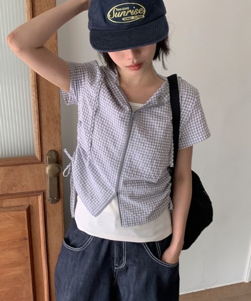 Vipoa(ヴィポア)の「drawstring food check shirt(シャツ/ブラウス・レディース・ピンク/グレー・FREE)」の5枚目の写真