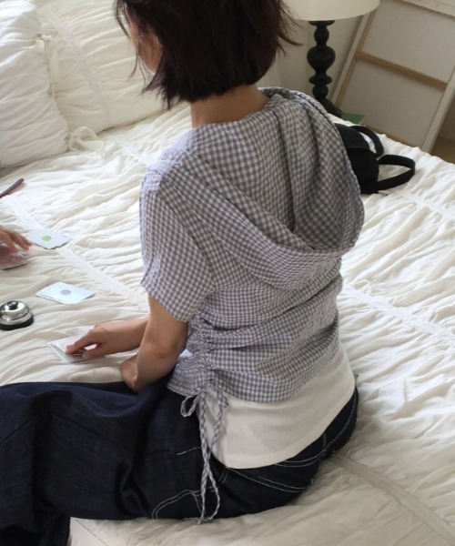 Vipoa(ヴィポア)の「drawstring food check shirt(シャツ/ブラウス・レディース・ピンク/グレー・FREE)」の7枚目の写真