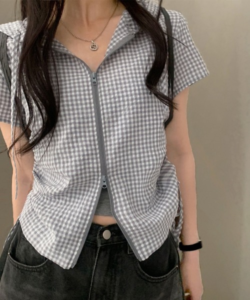 Vipoa(ヴィポア)の「drawstring food check shirt(シャツ/ブラウス・レディース・ピンク/グレー・FREE)」の18枚目の写真