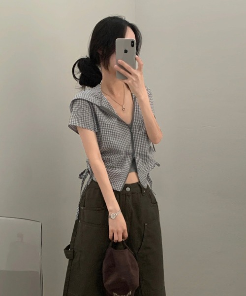Vipoa(ヴィポア)の「drawstring food check shirt(シャツ/ブラウス・レディース・ピンク/グレー・FREE)」の21枚目の写真