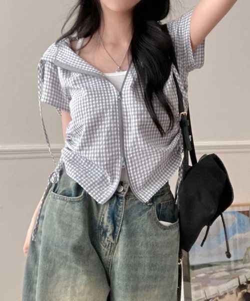 Vipoa(ヴィポア)の「drawstring food check shirt(シャツ/ブラウス・レディース・ピンク/グレー・FREE)」の10枚目の写真