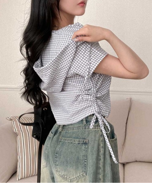 Vipoa(ヴィポア)の「drawstring food check shirt(シャツ/ブラウス・レディース・ピンク/グレー・FREE)」の11枚目の写真