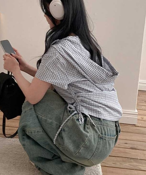 Vipoa(ヴィポア)の「drawstring food check shirt(シャツ/ブラウス・レディース・ピンク/グレー・FREE)」の13枚目の写真