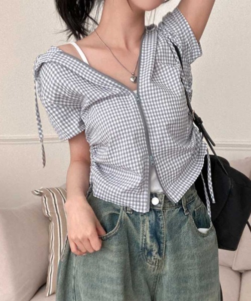 Vipoa(ヴィポア)の「drawstring food check shirt(シャツ/ブラウス・レディース・ピンク/グレー・FREE)」の15枚目の写真